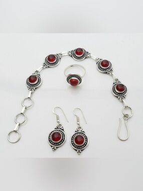 925 Red granite Stone Sterling-Style Jewelry Set - Bracelet Earrings Ring